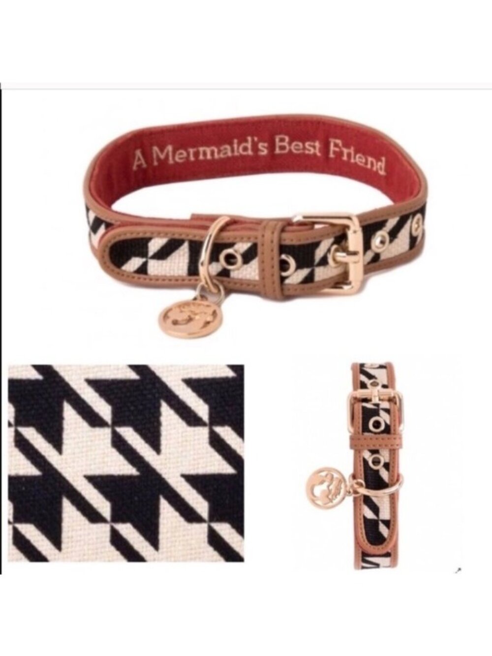 Spartina XS Stoddard black white herringbone dog collar linen leather 8-10.25"